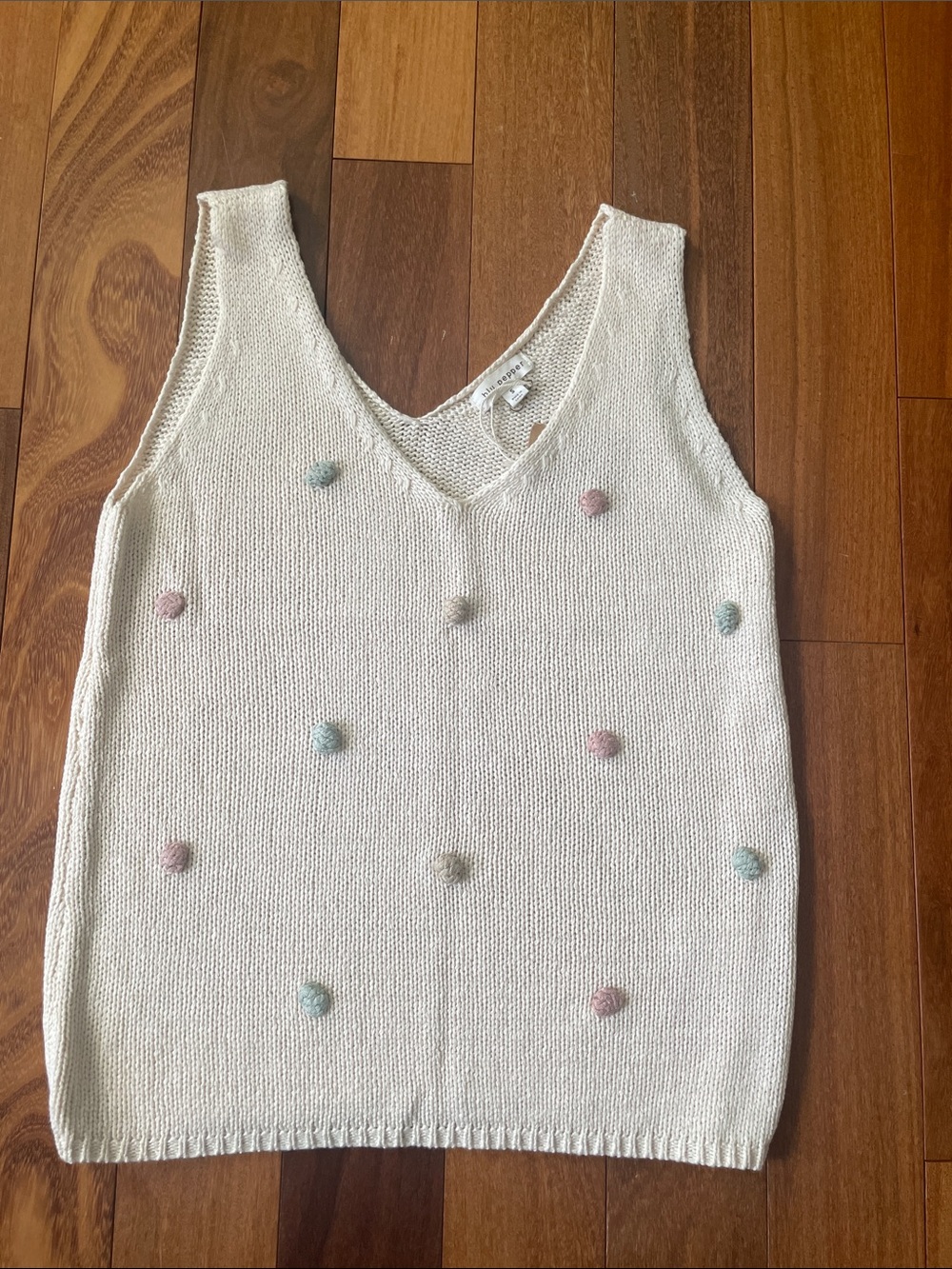 Blu Pepper Cream Knit Pom-Pom V-Neck Tank Top